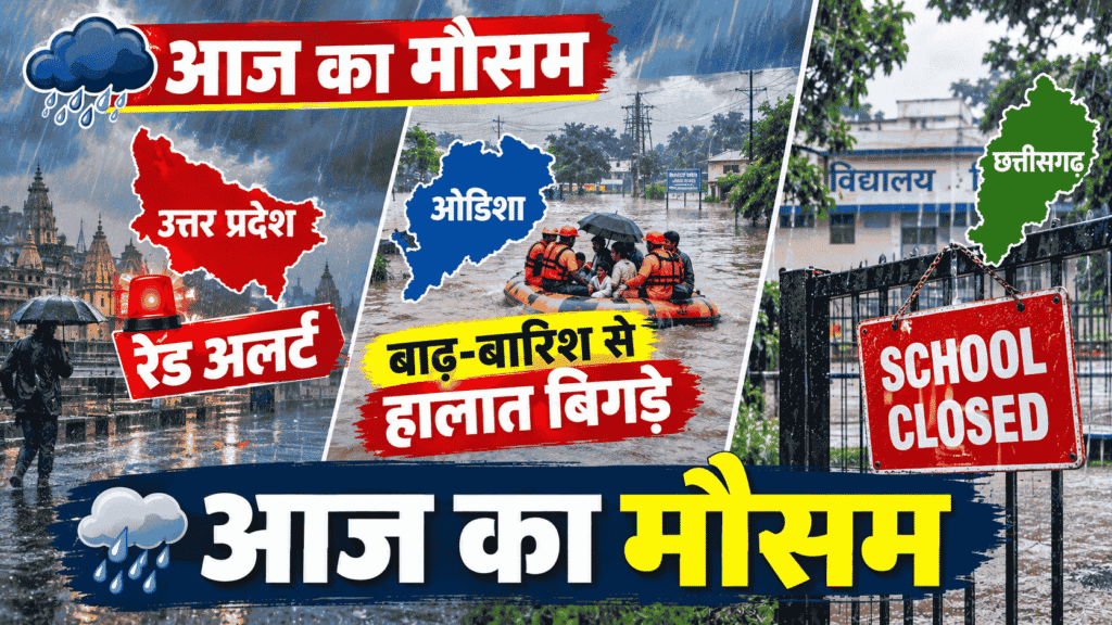 Aaj ka Mausam : यूपी में रेड अलर्ट, ओडिशा में बाढ़-बारिश से हालात बिगड़े, छत्तीसगढ़ में स्कूल बंद